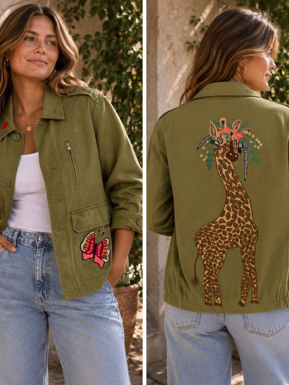 Chico Soleil French Resort Wear Embroidered Butterfly Utility Jacket M
